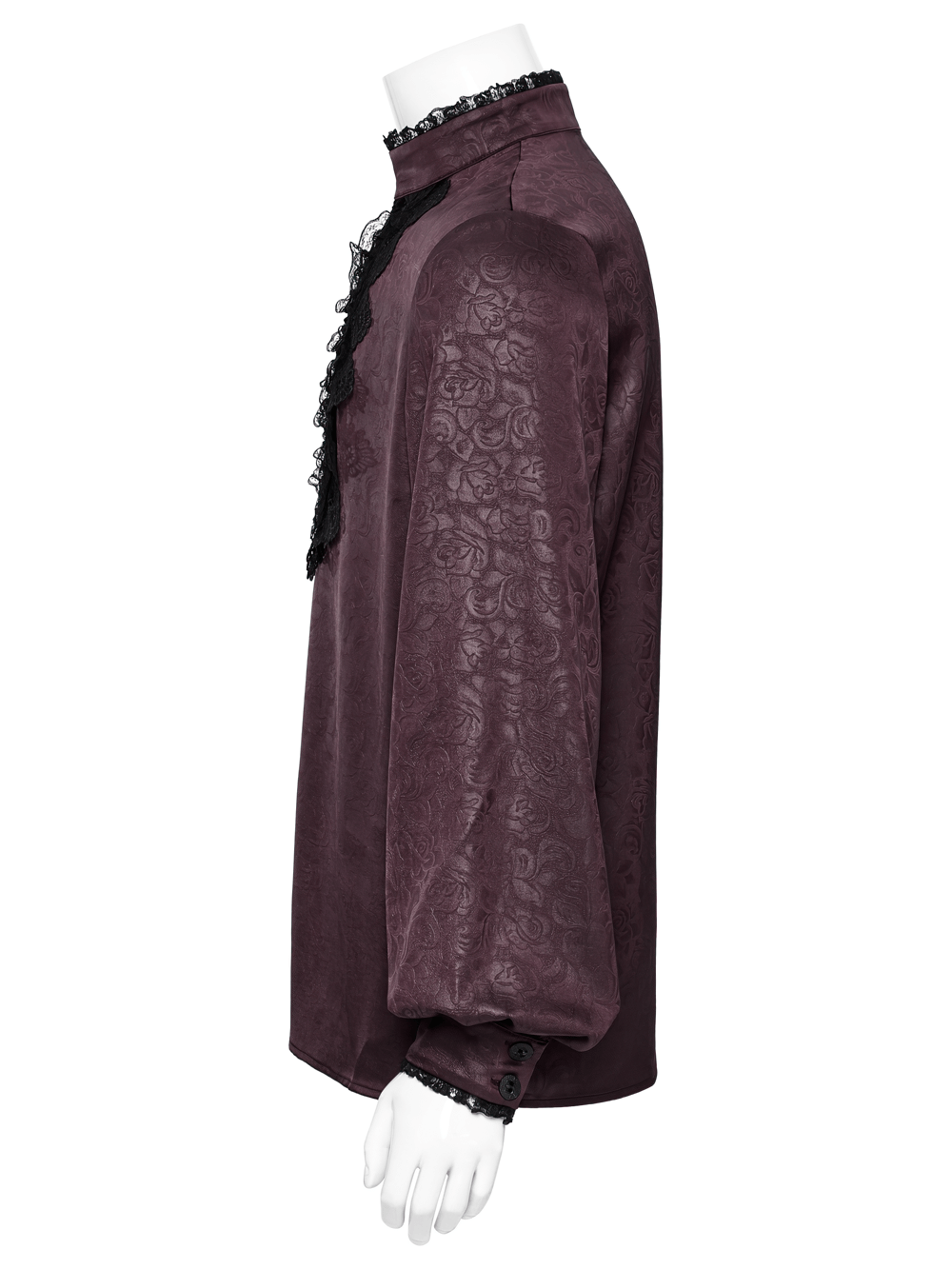 Elegant burgundy gothic shirt with lace detail and stand-up collar, showcasing unique drawstring design.
