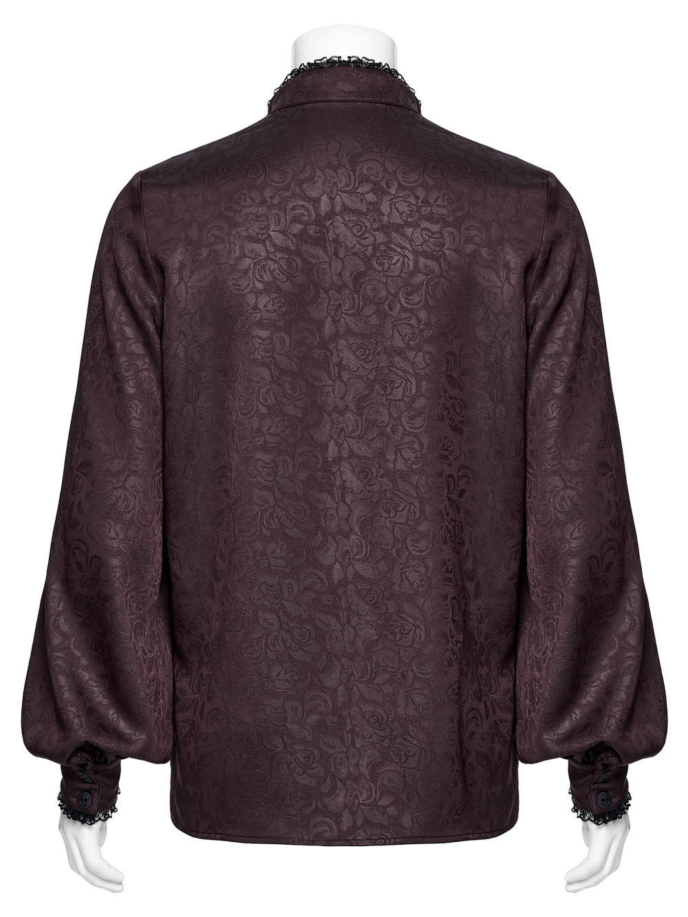 Elegant gothic shirt with lace detail, stand-up collar, and dark rose-pattern fabric, showcased from the back.