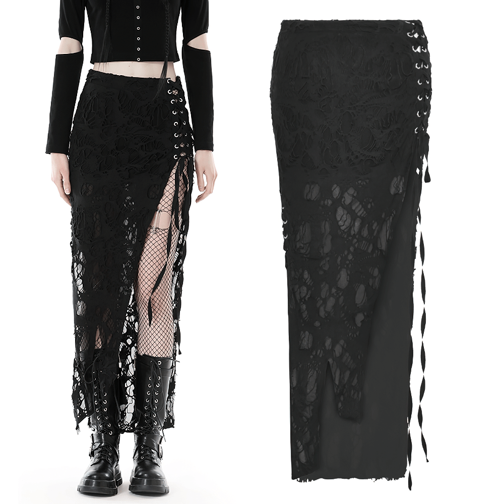 Elegant gothic lace skirt with side lacing and fishnet detail perfect for edgy style.