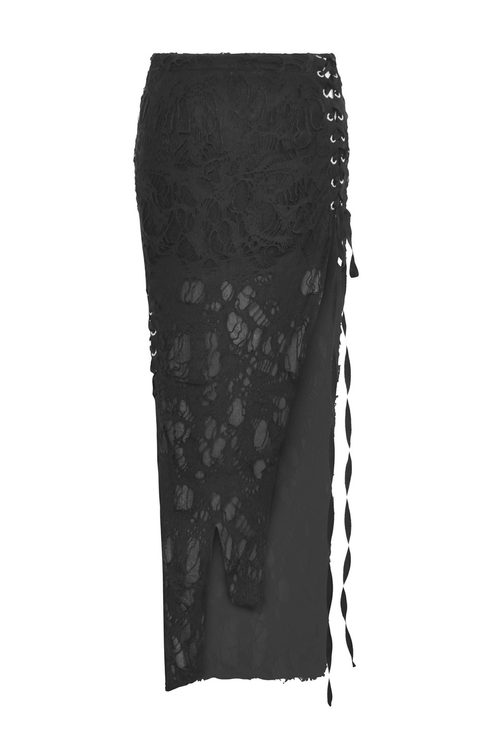 Elegant gothic lace detailed side-laced long black skirt with intricate lace and side slit.