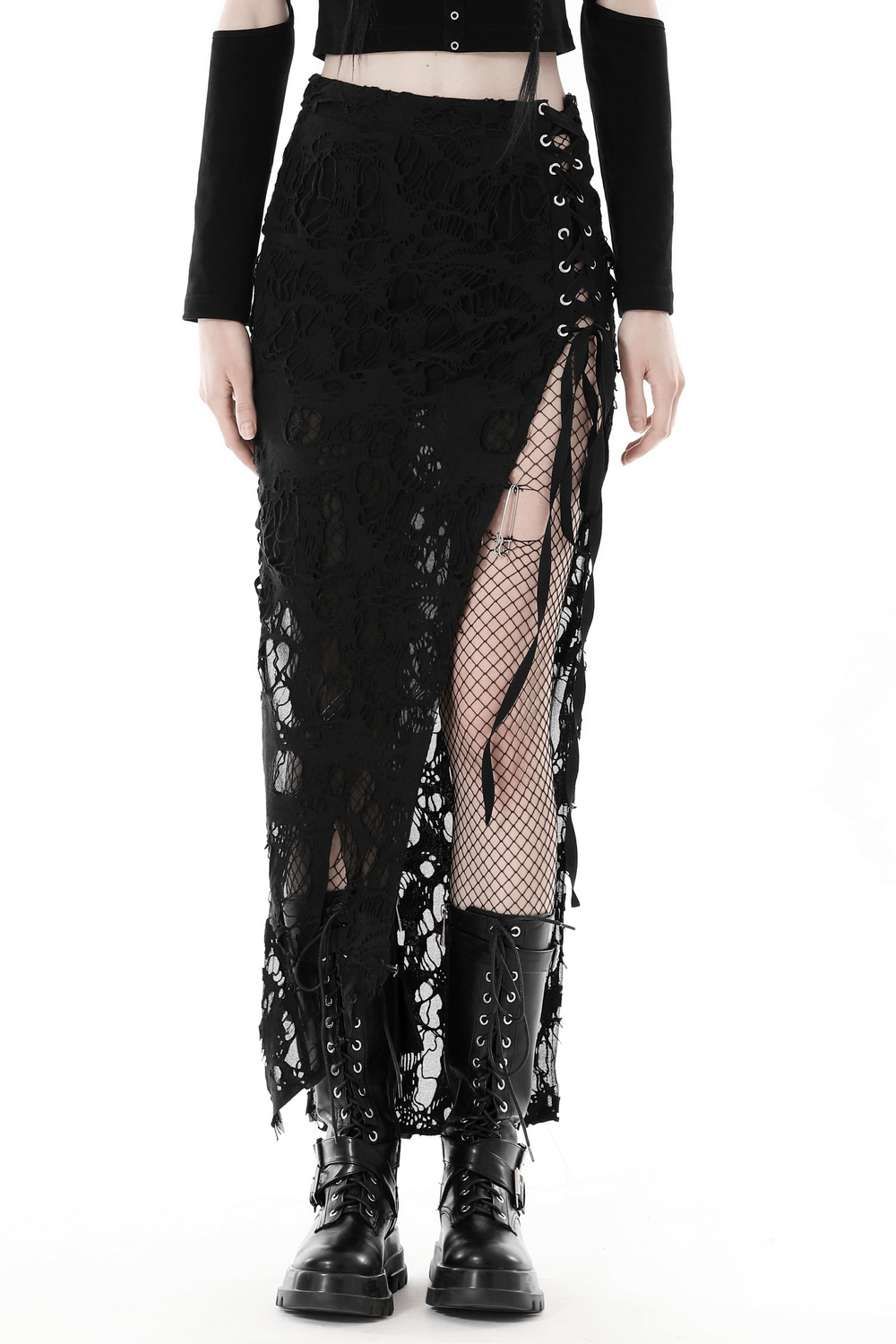 Elegant black gothic skirt with lace details and side lacing, featuring a daring side slit and fishnet accents.