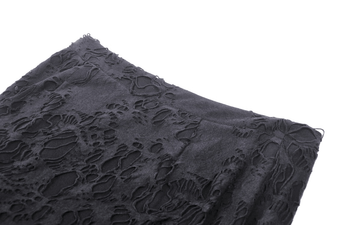 Elegant gothic black skirt featuring intricate lace detailing and unique side lacing design.