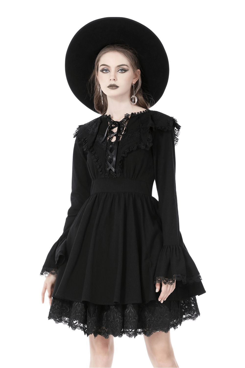 Elegant Gothic Lace Dress with Flared Sleeves