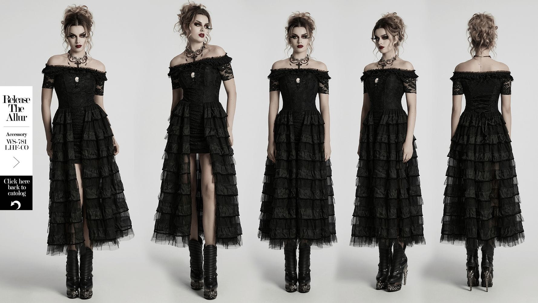 Elegant gothic lace dress with ruffled chiffon layers, showcasing an off-shoulder design and dramatic silhouette.