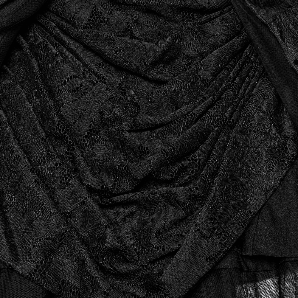 Close-up of elegant black lace fabric with intricate patterns, showcasing the texture of a gothic dress.