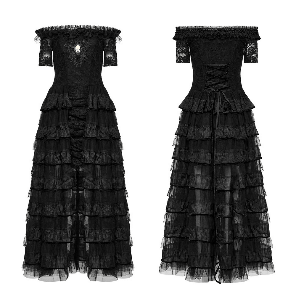 Elegant Gothic lace dress featuring ruffled chiffon layers and off-the-shoulder design, perfect for a dramatic look.