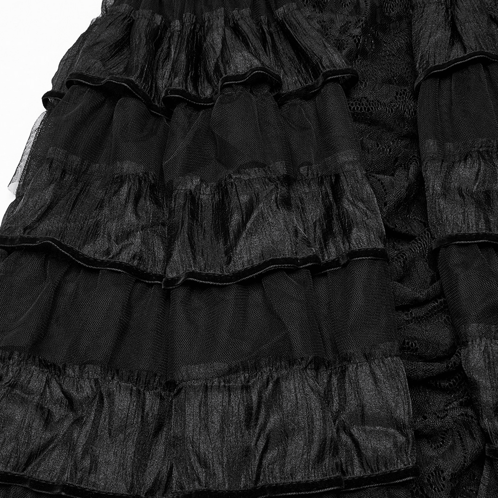 Elegant gothic lace dress featuring ruffled chiffon layers in stunning black fabric for a chic look.