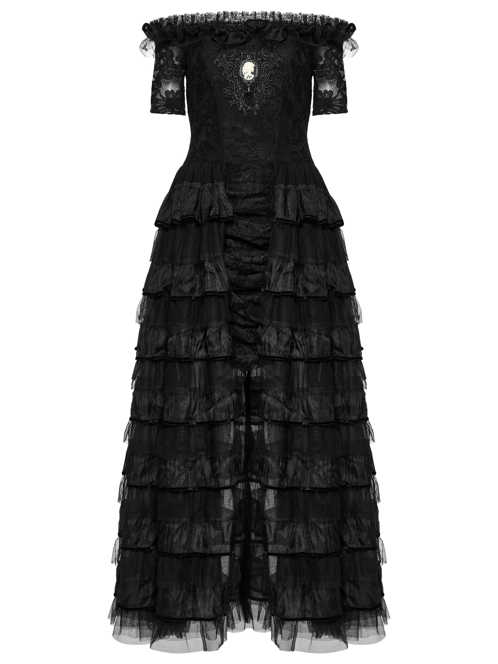 Elegant Gothic lace dress with ruffled chiffon layers and off-shoulder design, perfect for dark romantic style.