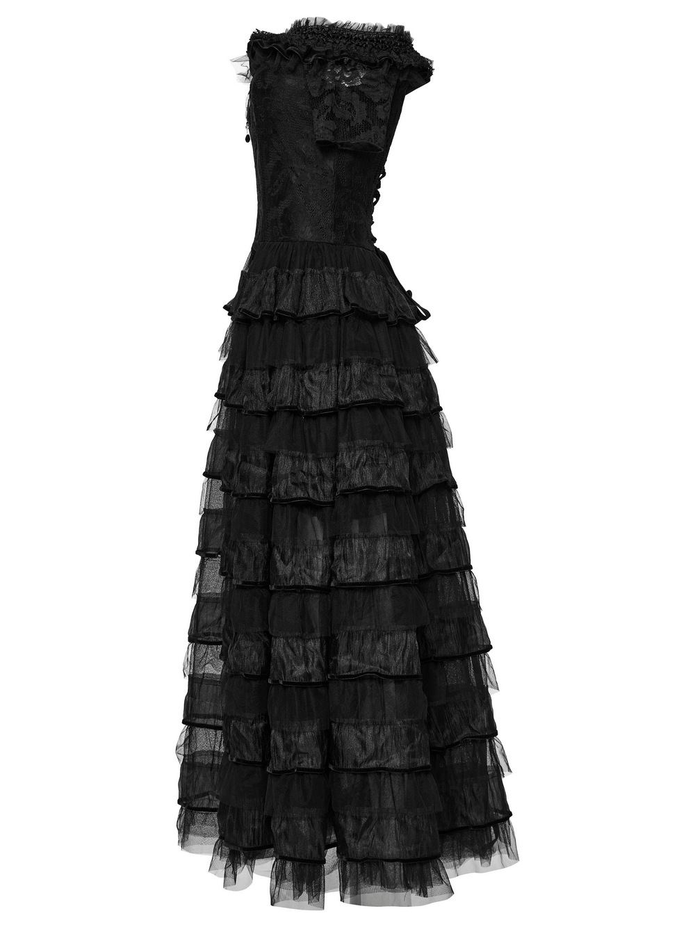Elegant Gothic lace dress featuring ruffled chiffon layers, perfect for dramatic evenings and gothic style enthusiasts.