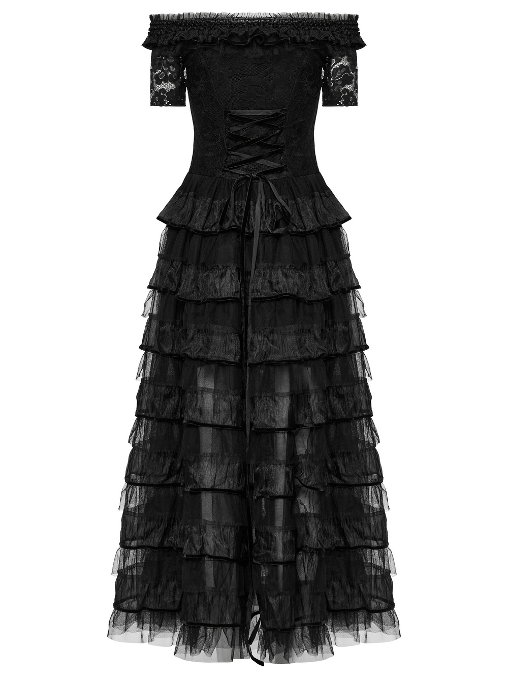 Elegant gothic lace dress featuring ruffled chiffon layers and an alluring off-shoulder design.