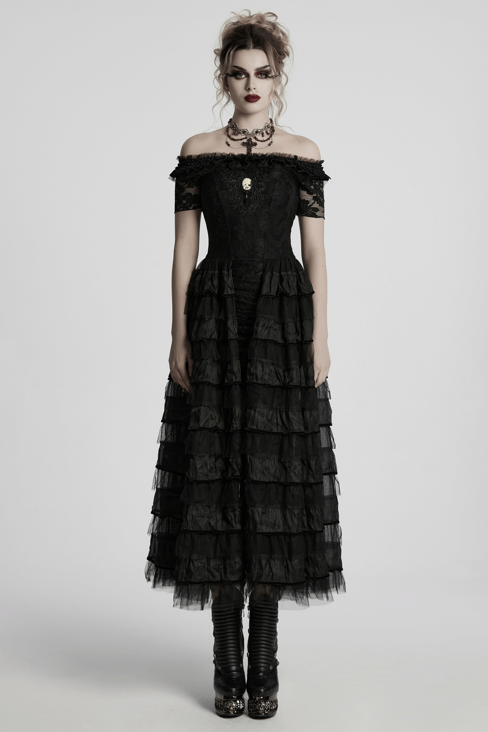 Elegant Gothic lace dress with ruffled chiffon layers, showcasing a stunning off-shoulder design.