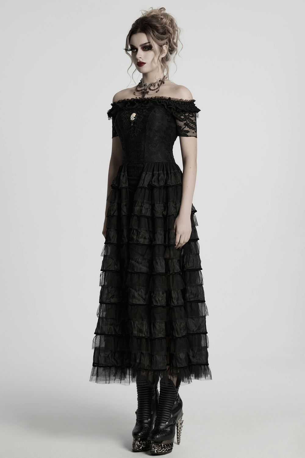 Elegant Gothic lace dress with ruffled chiffon layers, featuring off-the-shoulder design and stylish black heels.