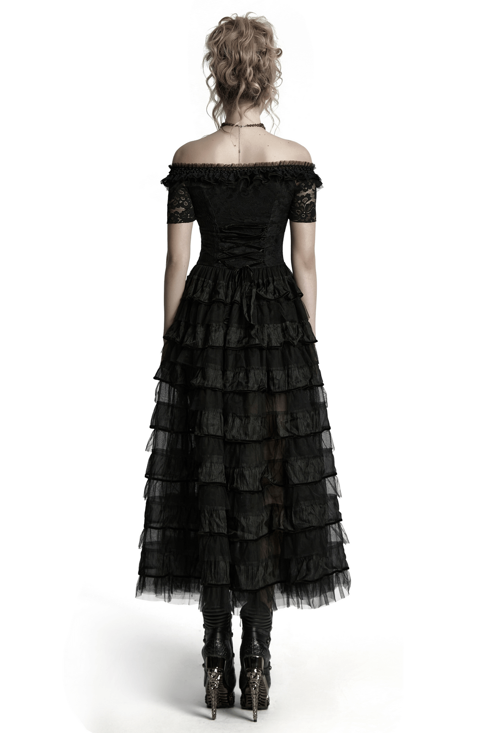 Elegant Gothic lace dress with ruffled chiffon layers, showcasing a stunning off-shoulder design and layered skirt.