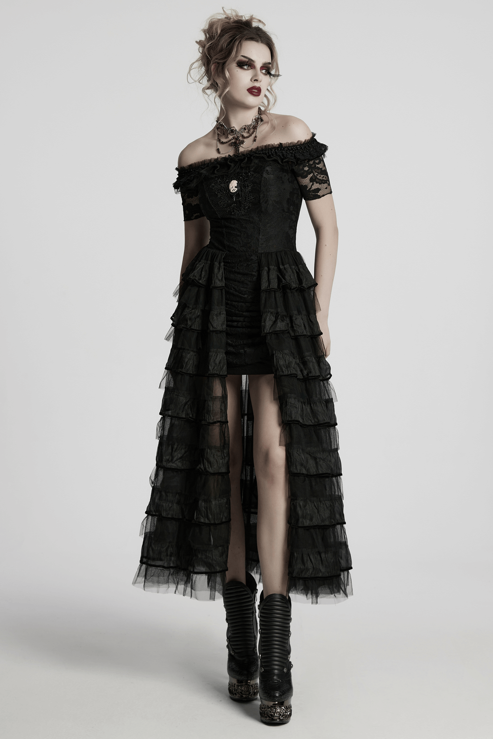 Elegant Gothic lace dress with ruffled chiffon layers, showcasing off-the-shoulder design and dramatic tiered skirt.
