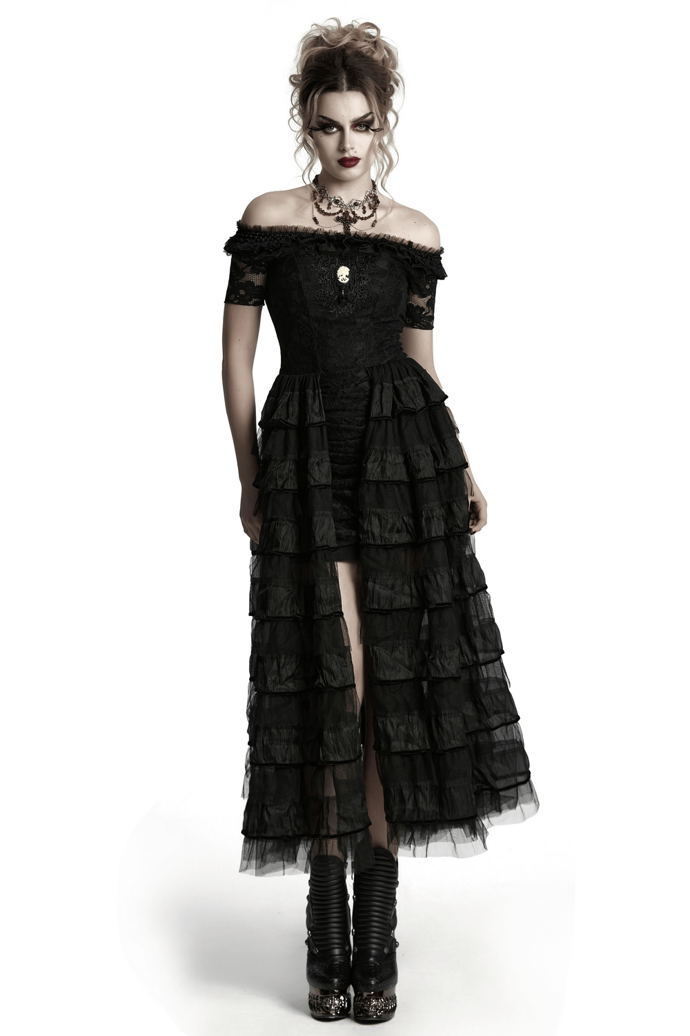 Elegant Gothic lace dress featuring ruffled chiffon layers, adding a touch of drama and sophistication.