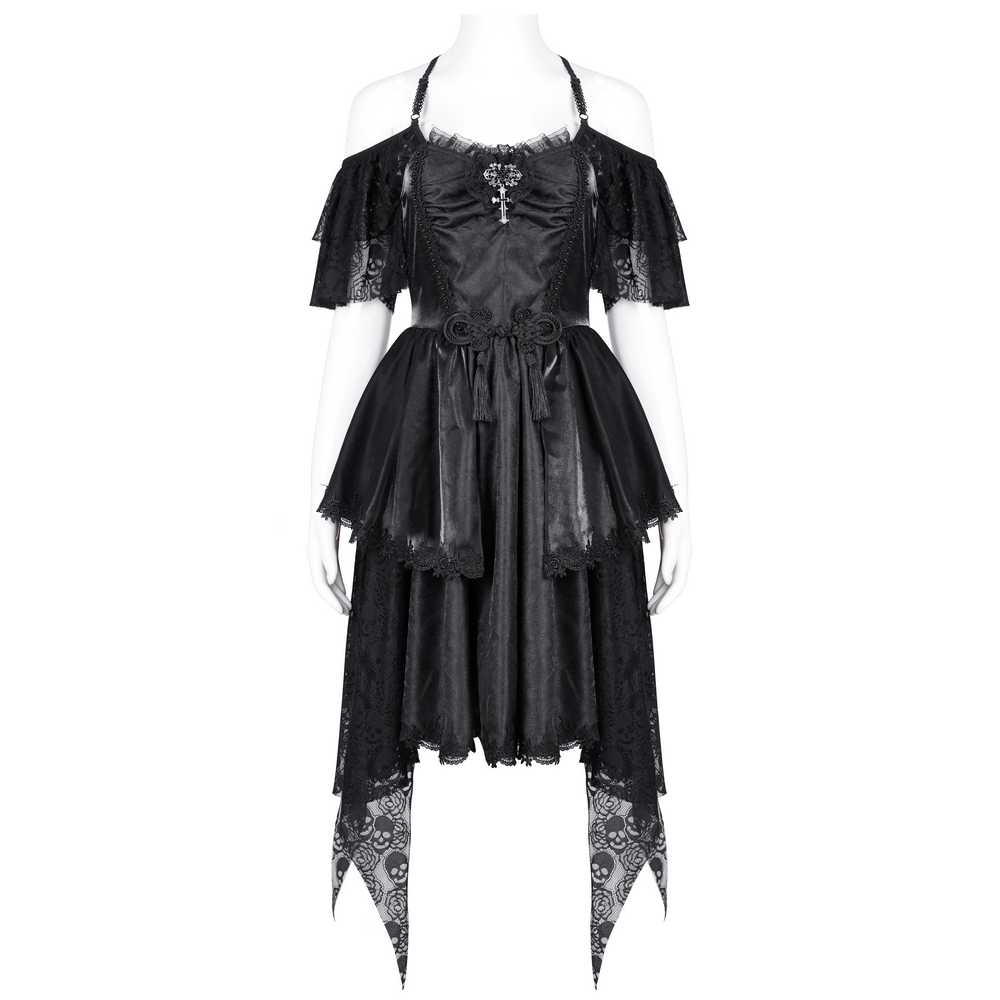 Elegant gothic lace dress with skull detailing and tiered layers, perfect for dark events and Halloween festivities.