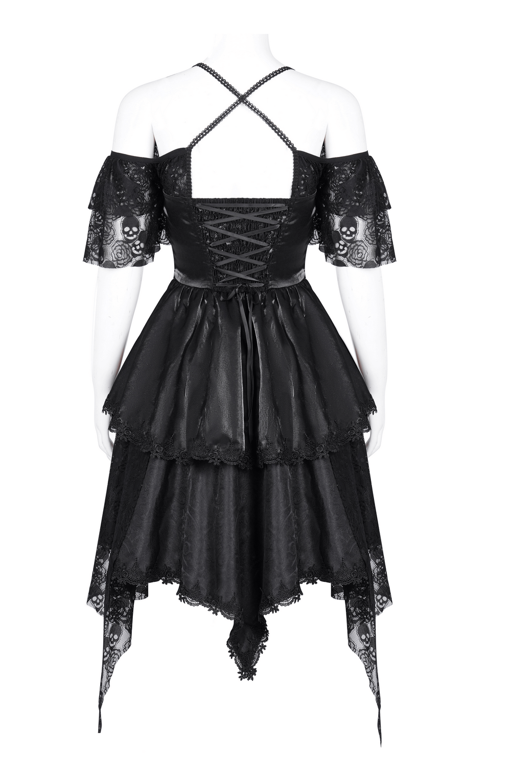 Elegant gothic lace dress with skull patterns, halter design, and tiered layers, showcasing a corset-inspired lace-up back.