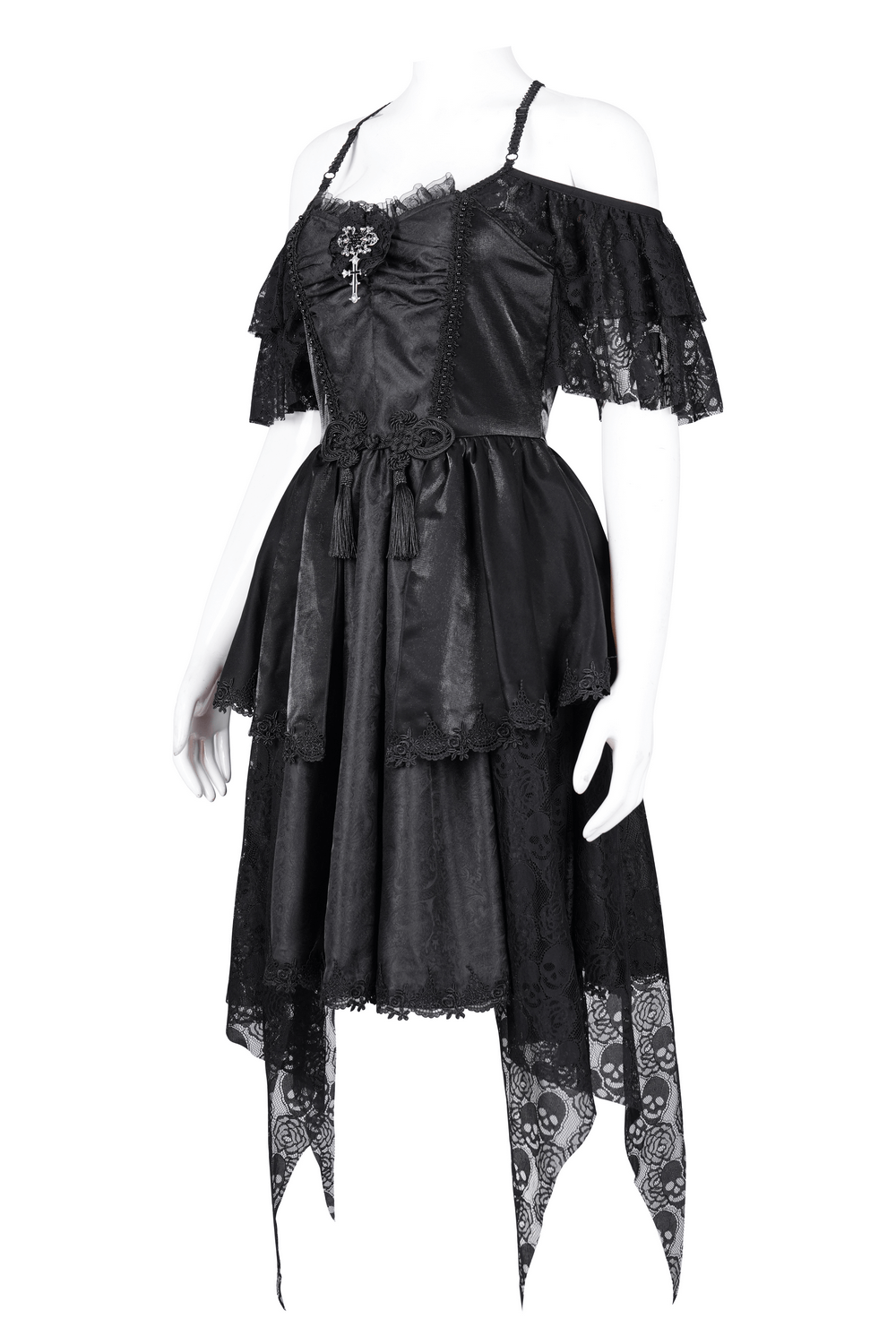 Elegant black gothic lace dress with off-shoulder sleeves and tiered layers, perfect for Halloween and gothic events.