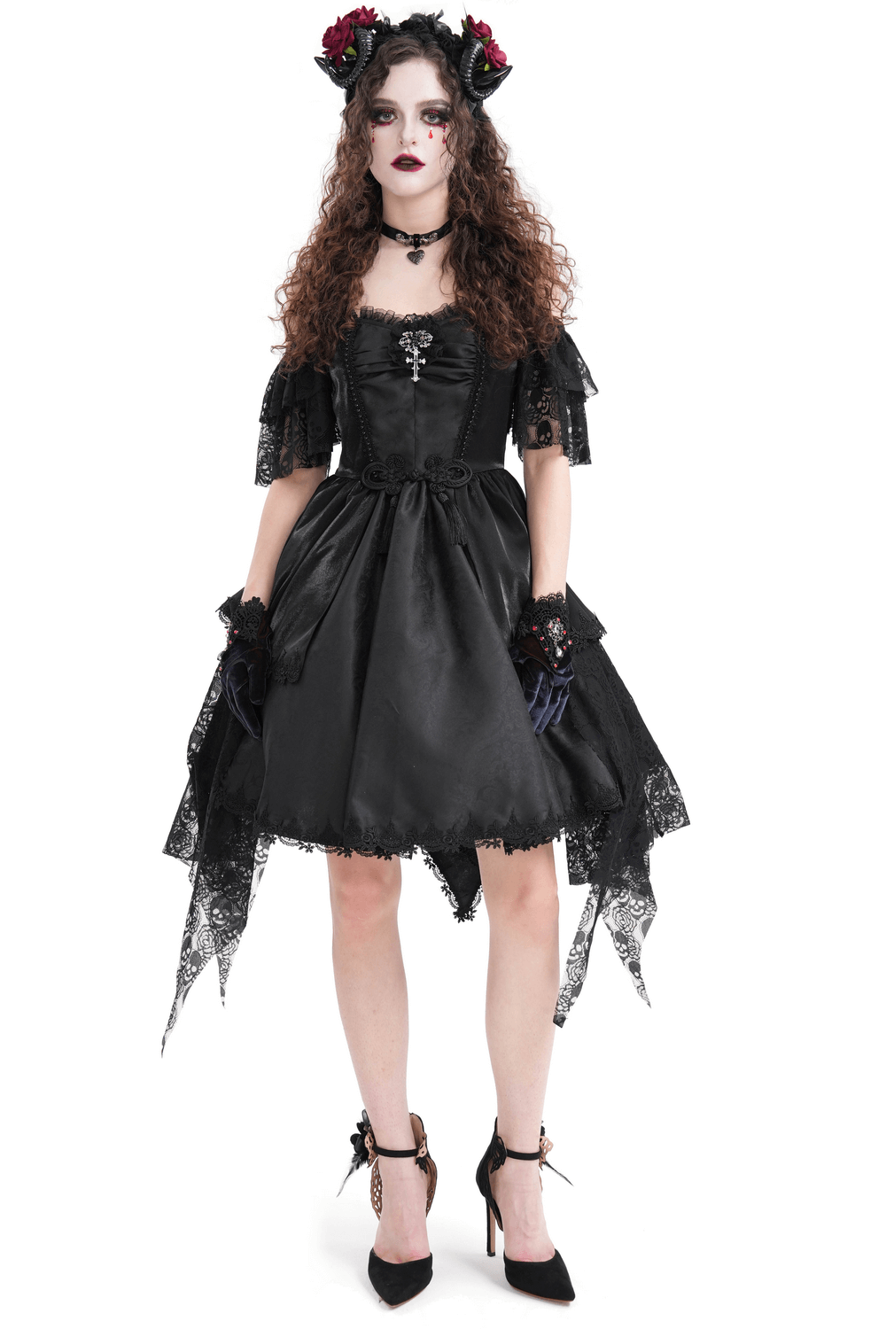 Elegant black Gothic lace dress with skull details, off-shoulder sleeves, and rose-adorned hair, perfect for Halloween.