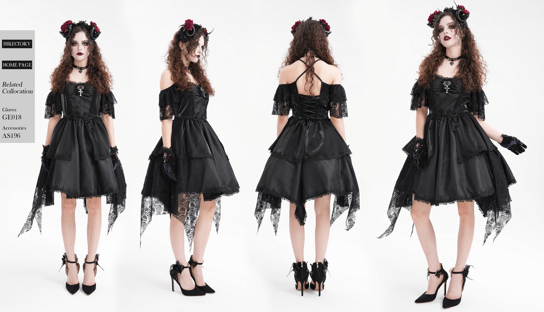 Elegant gothic black lace dress with skull detailing, halter design, and tiered layers, perfect for alternative fashion lovers.