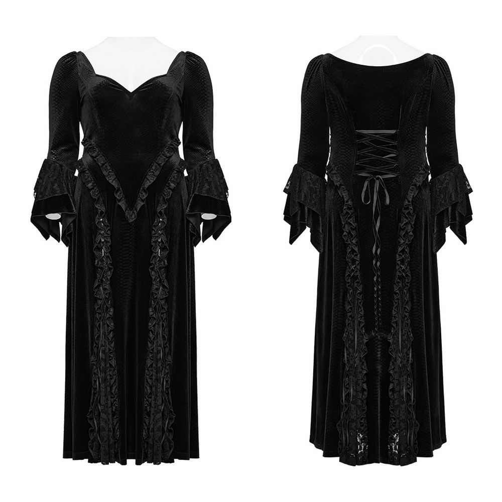 Elegant Gothic Lace Maxi Dress with Bat Neckline and flared sleeves, perfect for a chic gothic wardrobe.