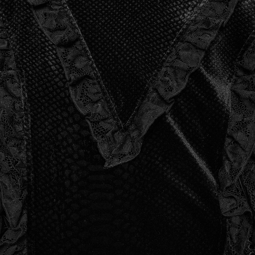 Elegant black lace detailing on a gothic maxi dress with unique bat neckline and embossed velvet texture.