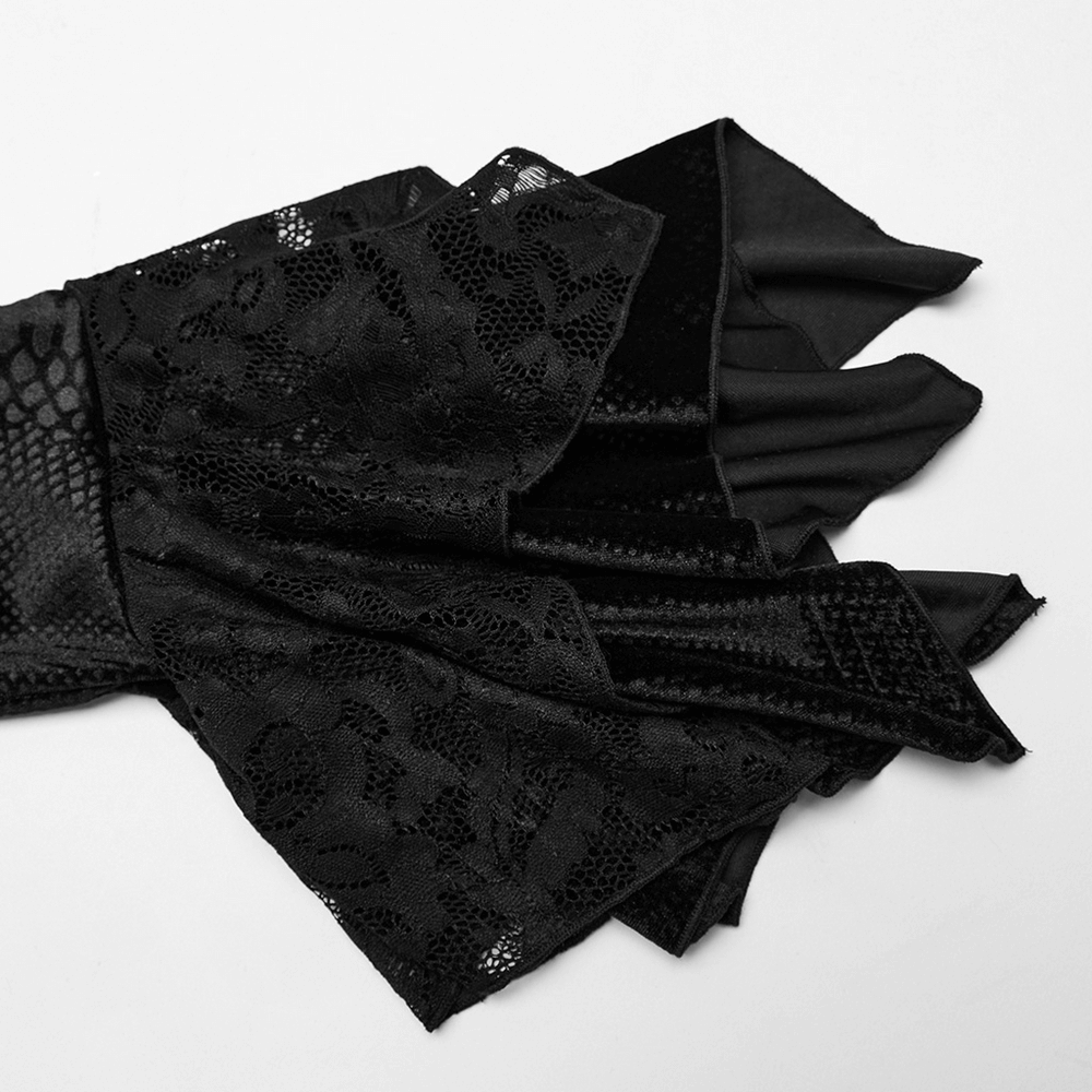 Elegant black lace fabric and bat design sleeves, perfect for gothic fashion and unique style.