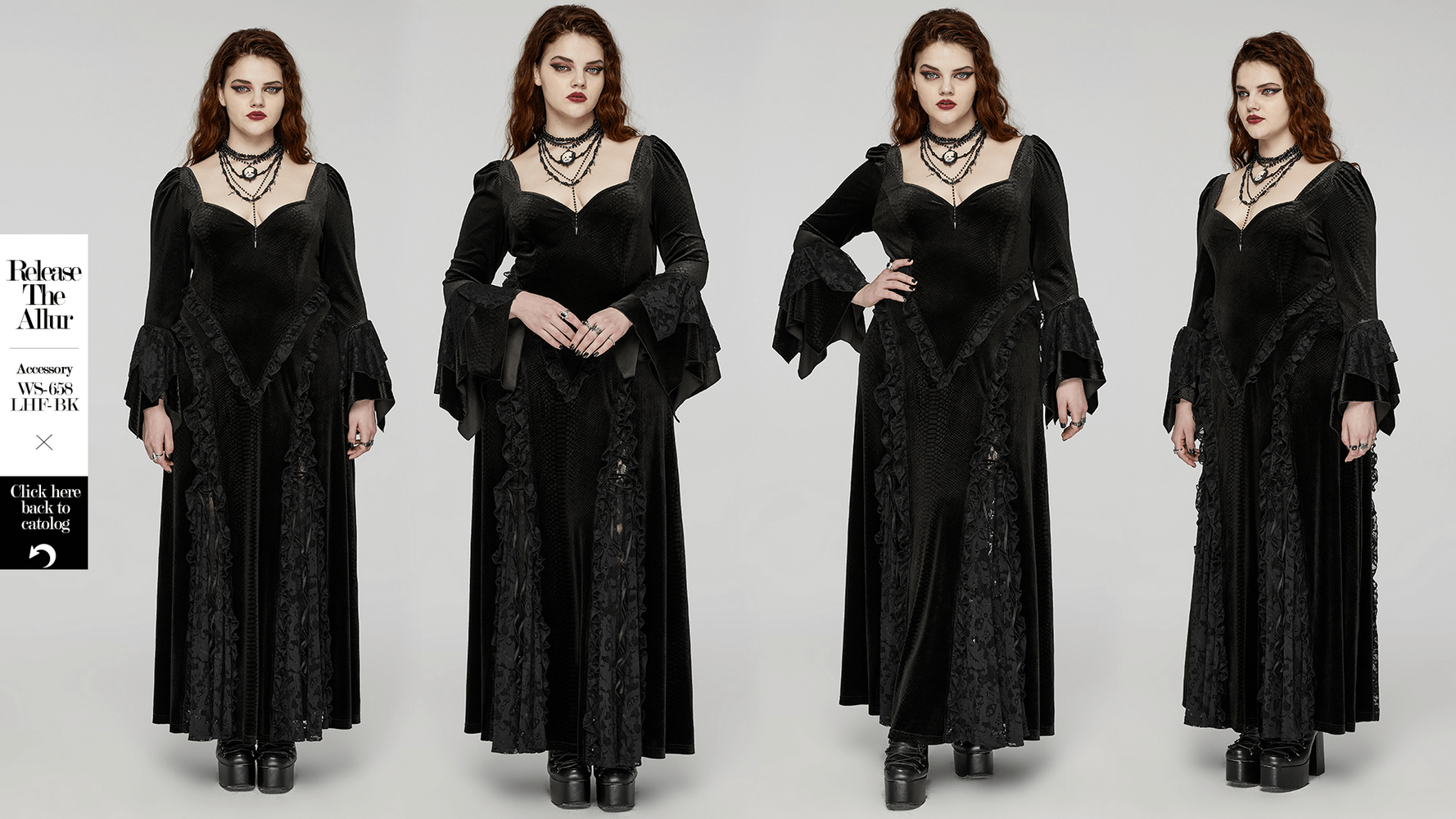 Elegant Gothic Lace Maxi Dress with Bat Neckline and flared sleeves, perfect for mysterious night outings.