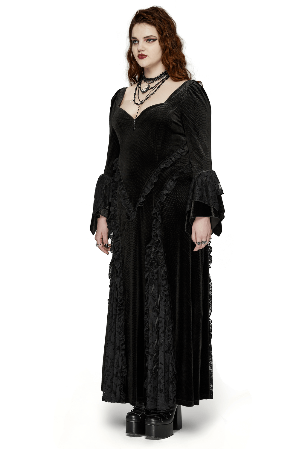 Elegant Gothic lace maxi dress with bat neckline and flared sleeves, perfect for a chic gothic wardrobe.