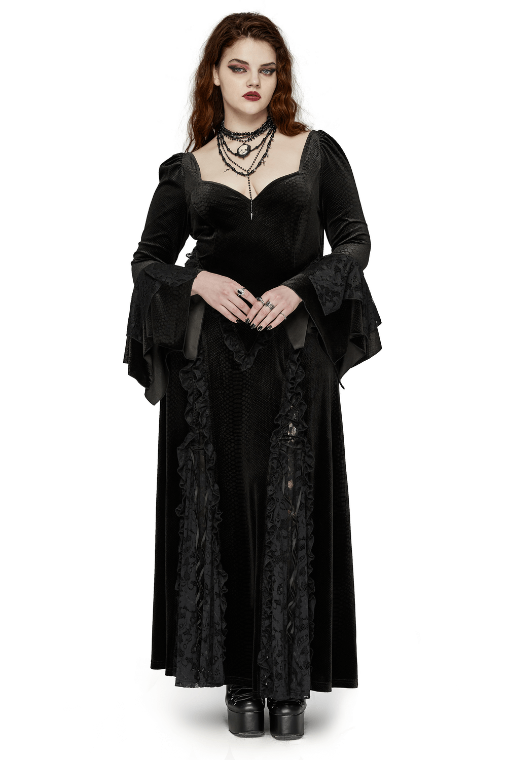 Chic Gothic lace maxi dress with bat neckline and flared sleeves, perfect for an elegant goth wardrobe.