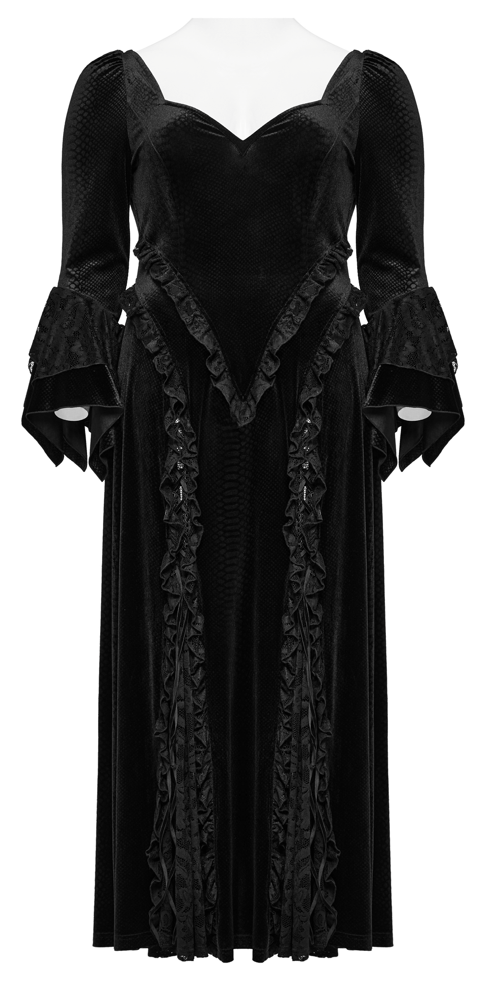 Elegant Gothic Lace Maxi Dress with bat neckline and double-layered flared sleeves in black velvet.