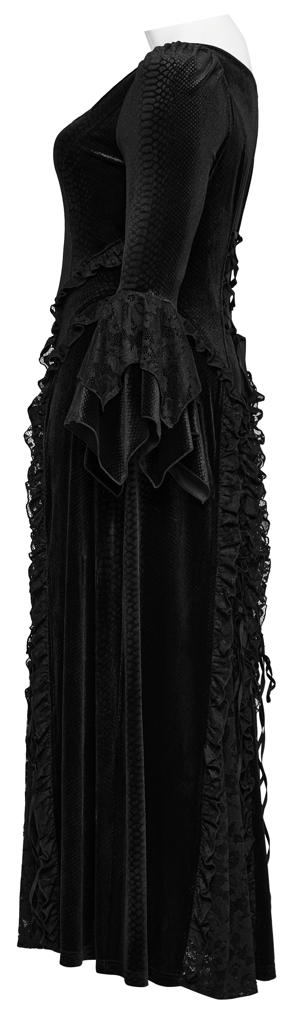 Elegant Gothic Lace Maxi Dress side view showcasing bat neckline and flared sleeves in luxurious black velvet.