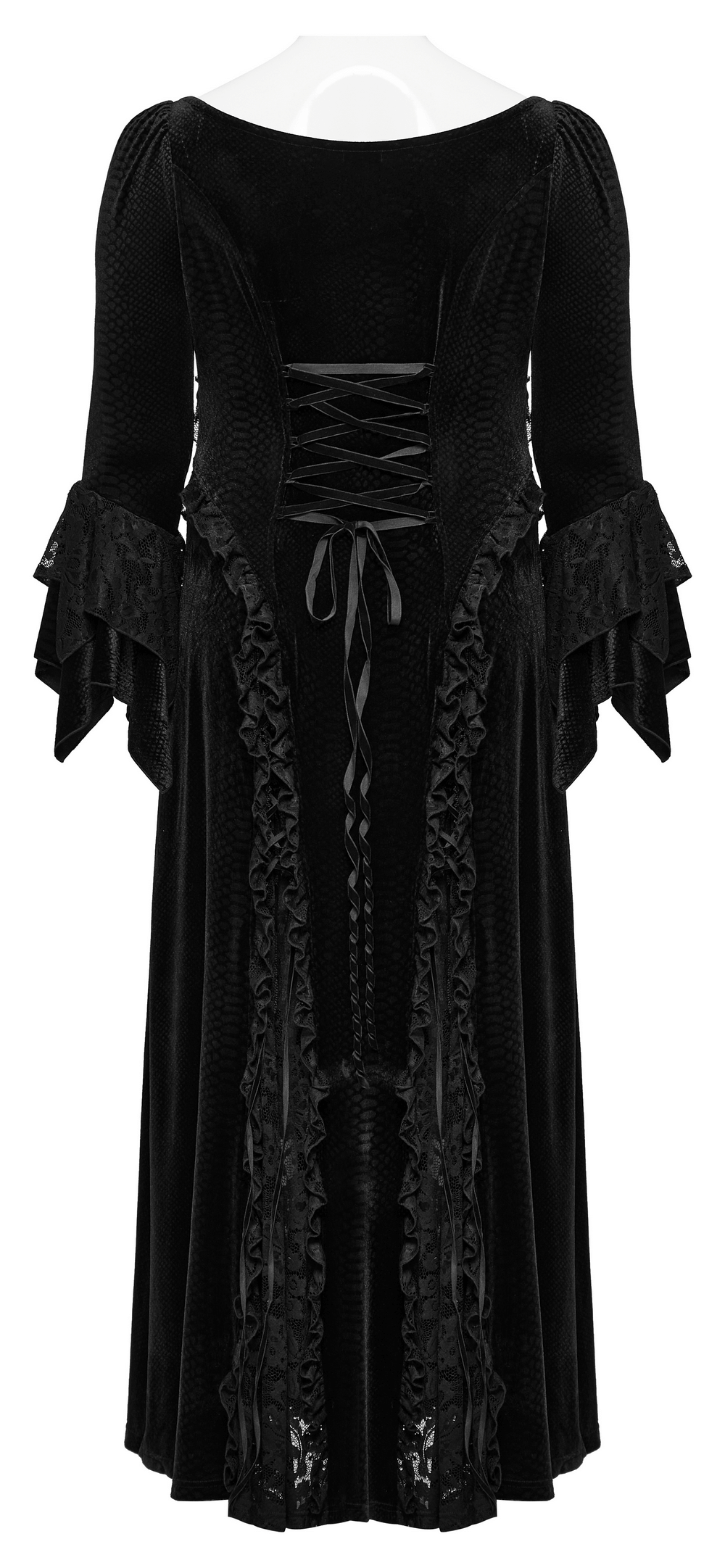 Elegant Gothic Lace Maxi Dress with bat neckline and layered flared sleeves, perfect for a chic gothic wardrobe.