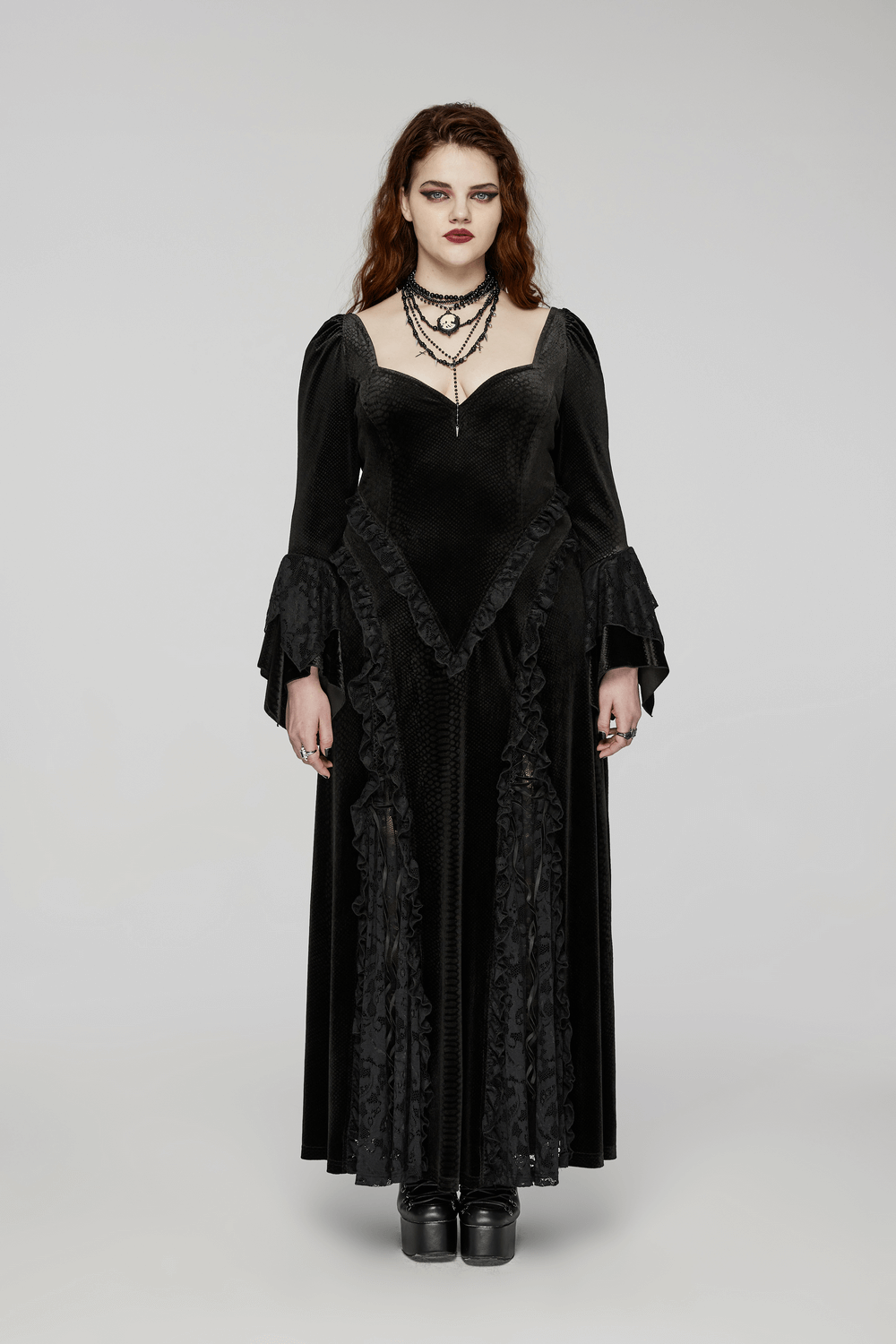 Elegant gothic lace maxi dress with bat neckline and flared sleeves, perfect for a chic gothic wardrobe.