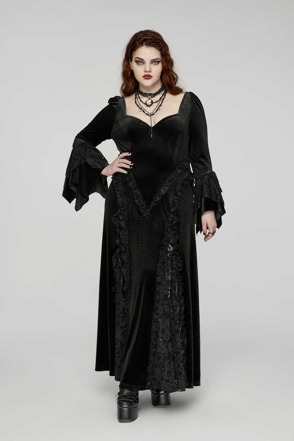 Elegant Gothic Lace Maxi Dress with bat neckline, featuring flared sleeves and enchanting lace details.