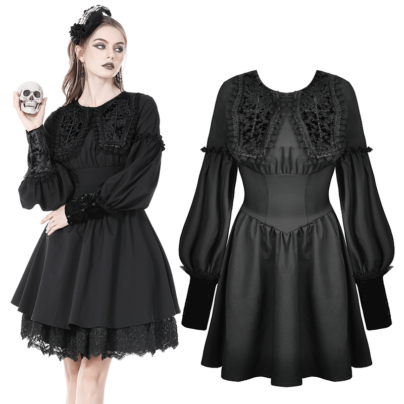 Elegant Gothic Lace Mini Dress with Puff Sleeves