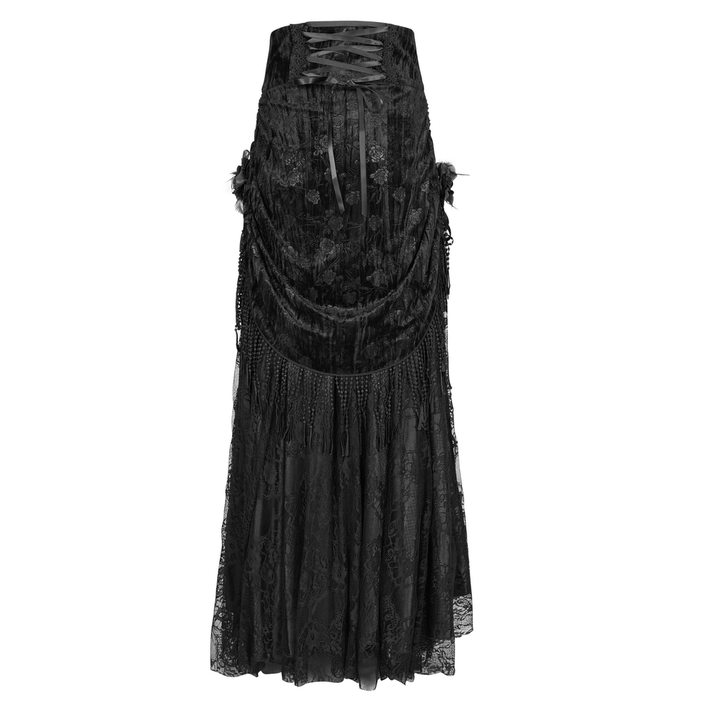 Elegant black gothic lace skirt with floral embroidery, dramatic tassels, and corset detail, perfect for alternative fashion.