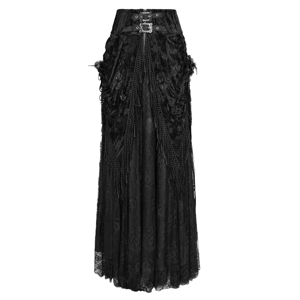 Elegant black lace gothic skirt with tassels and corset details, featuring intricate floral embroidery.