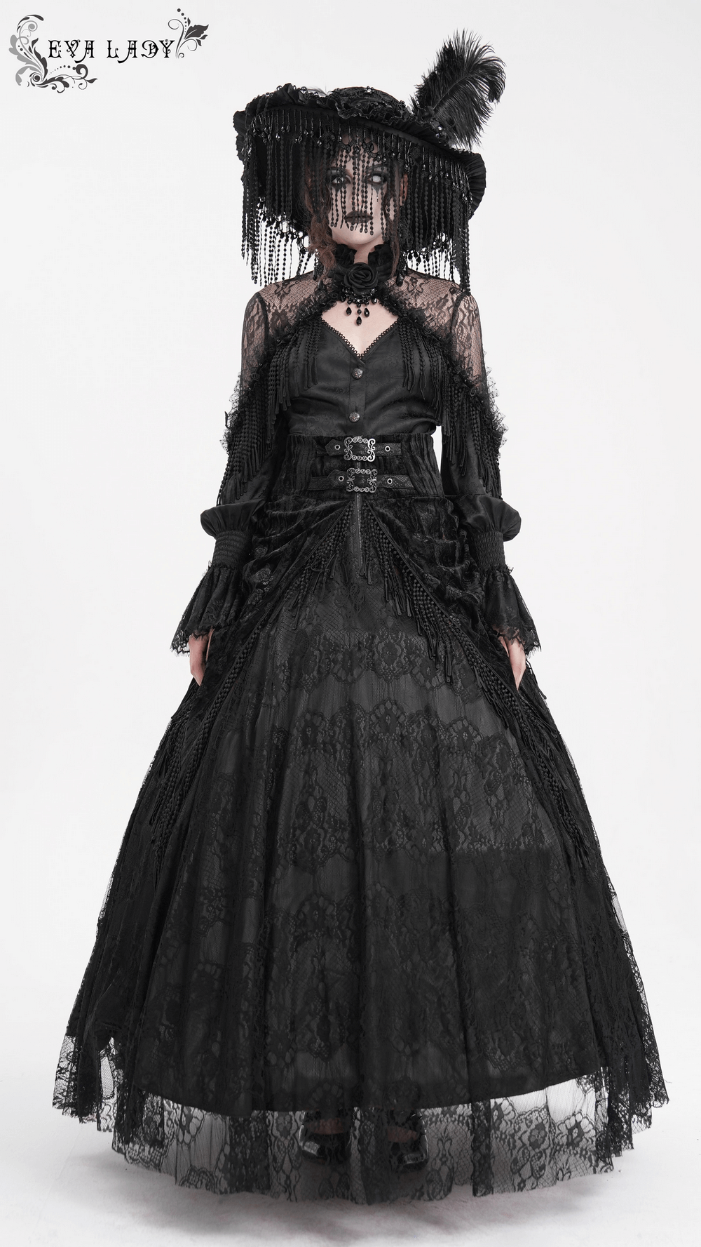 Elegant gothic woman in black lace skirt with tassel and corset details, embodying Victorian style and charm.