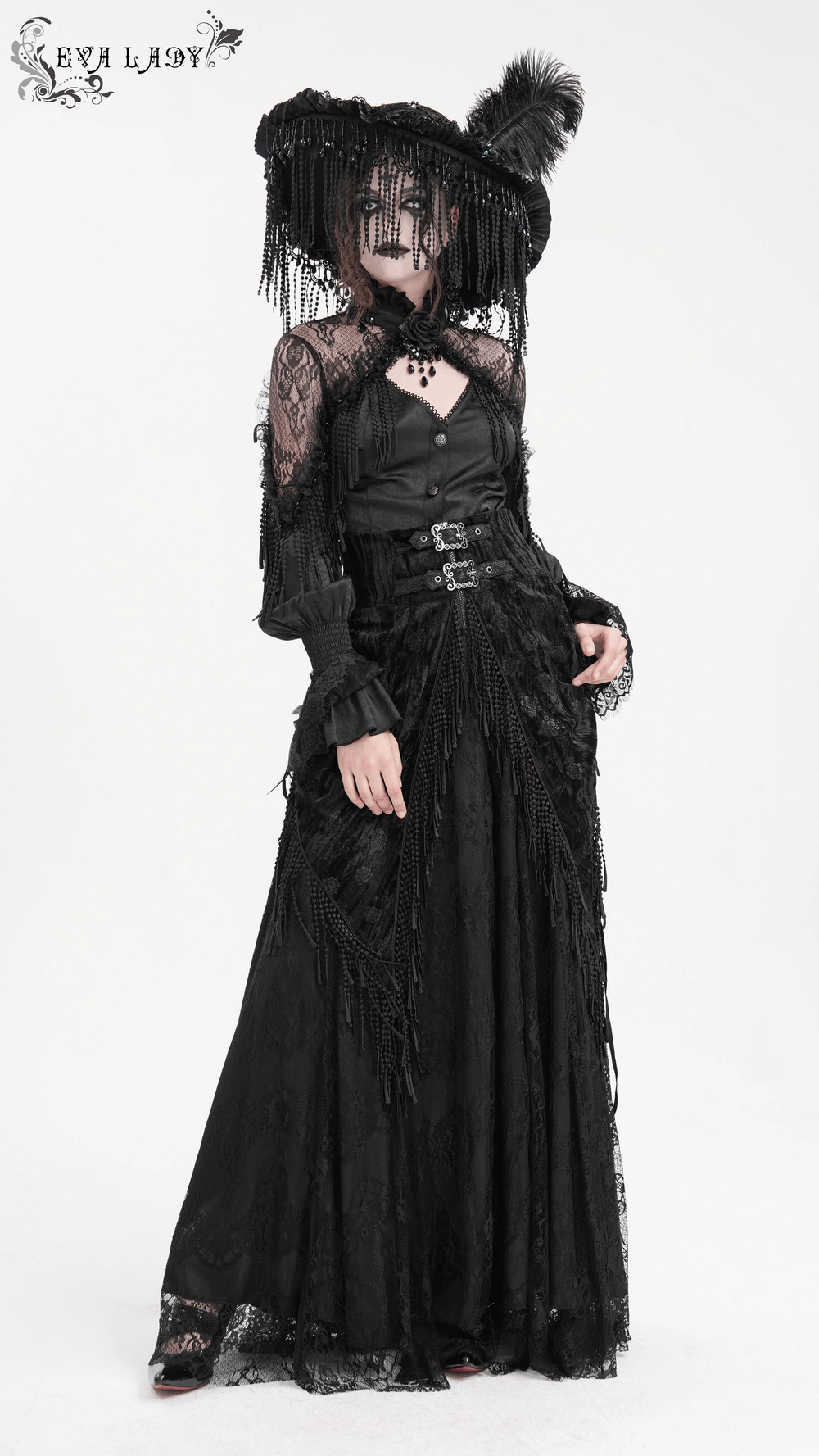 Elegant Gothic lace dress with tassel details and corset waist, perfect for Victorian and alternative fashion.