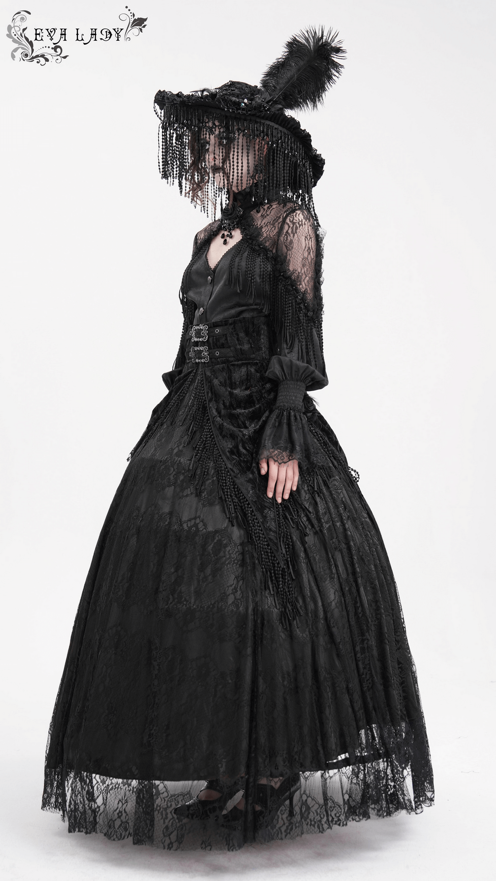 Elegant Gothic lace skirt with tassel and corset detail, showcasing floral embroidery and vintage charm.