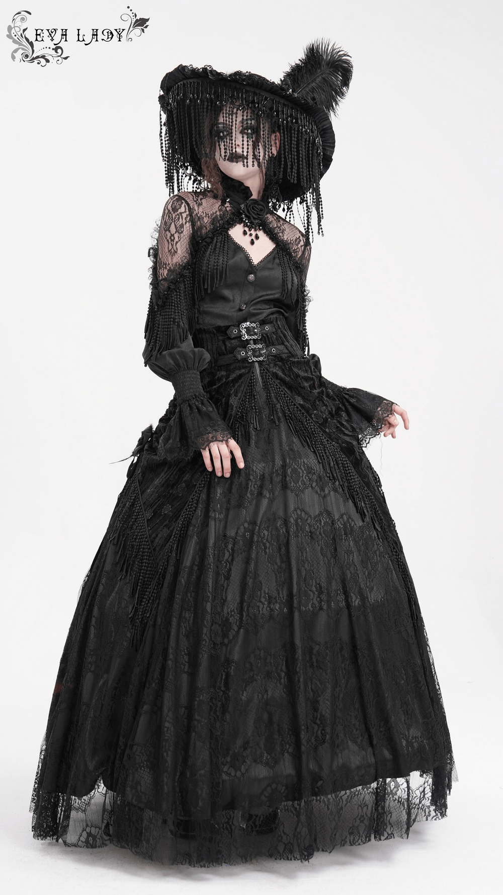 Elegant Gothic Lace Skirt with Tassel and Corset Detail