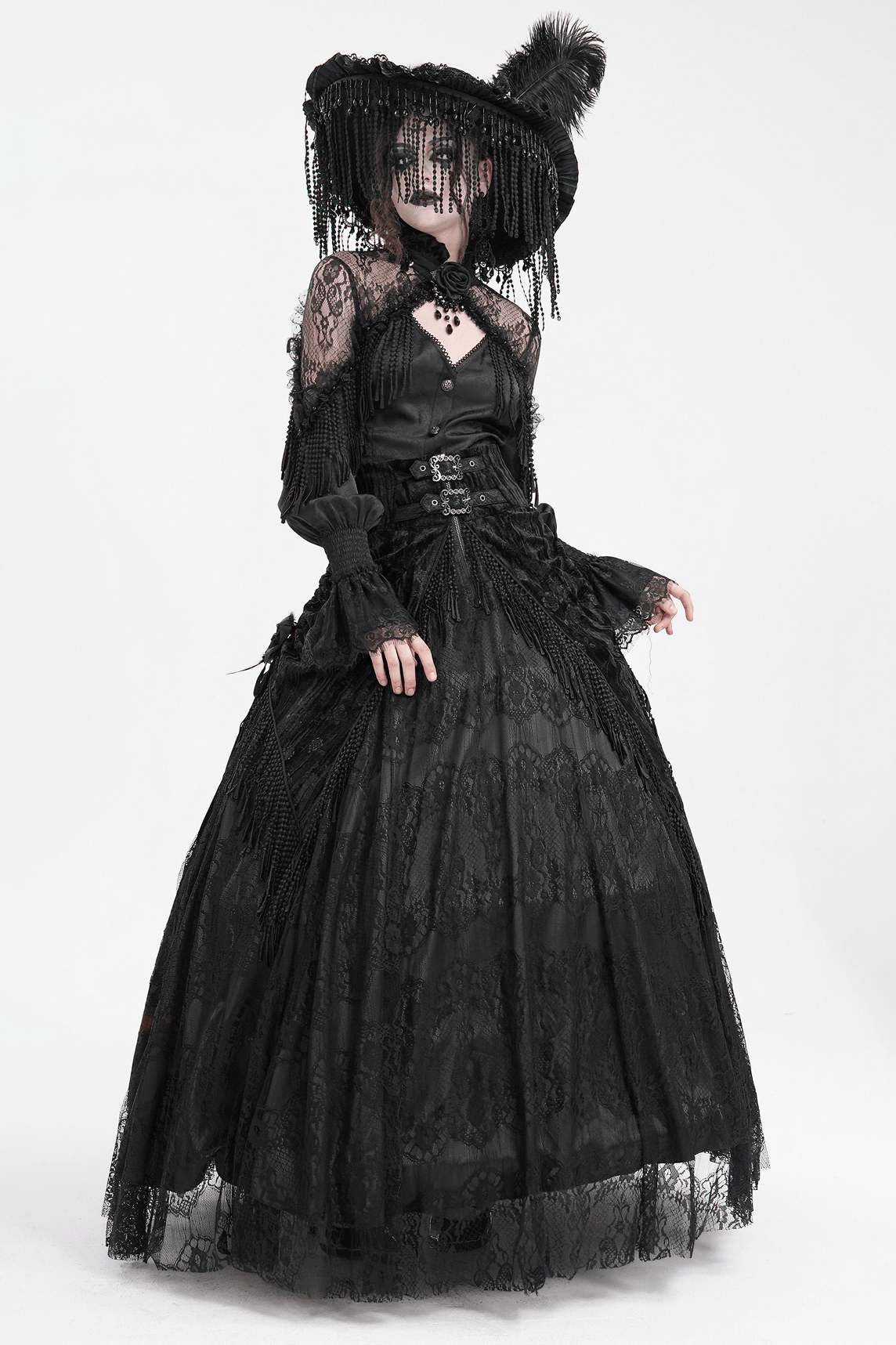Elegant Gothic woman in black lace skirt with corset detail and dramatic hat, embodying Victorian charm.