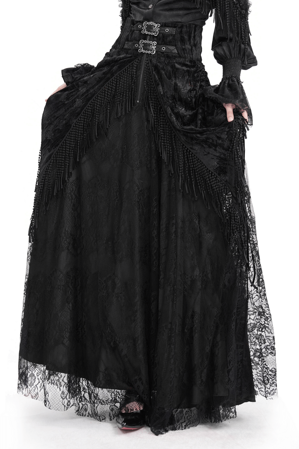 Elegant Gothic lace skirt with corset detail and dramatic tassels, perfect for Victorian and alternative fashion.