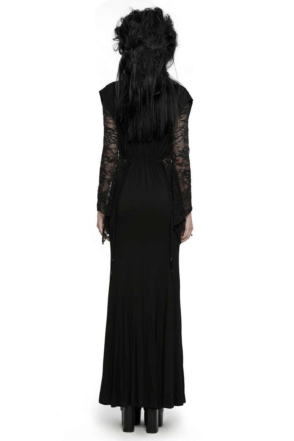 Back view of an elegant gothic lace sleeved maxi dress, showcasing its slim fit and stylish design for formal occasions.