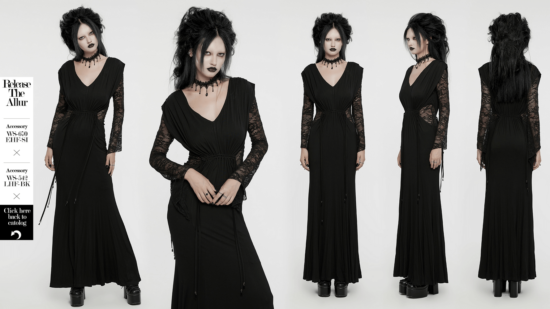 Elegant Gothic lace sleeved maxi dress showcasing a slim silhouette and deep V-neck, perfect for formal occasions.
