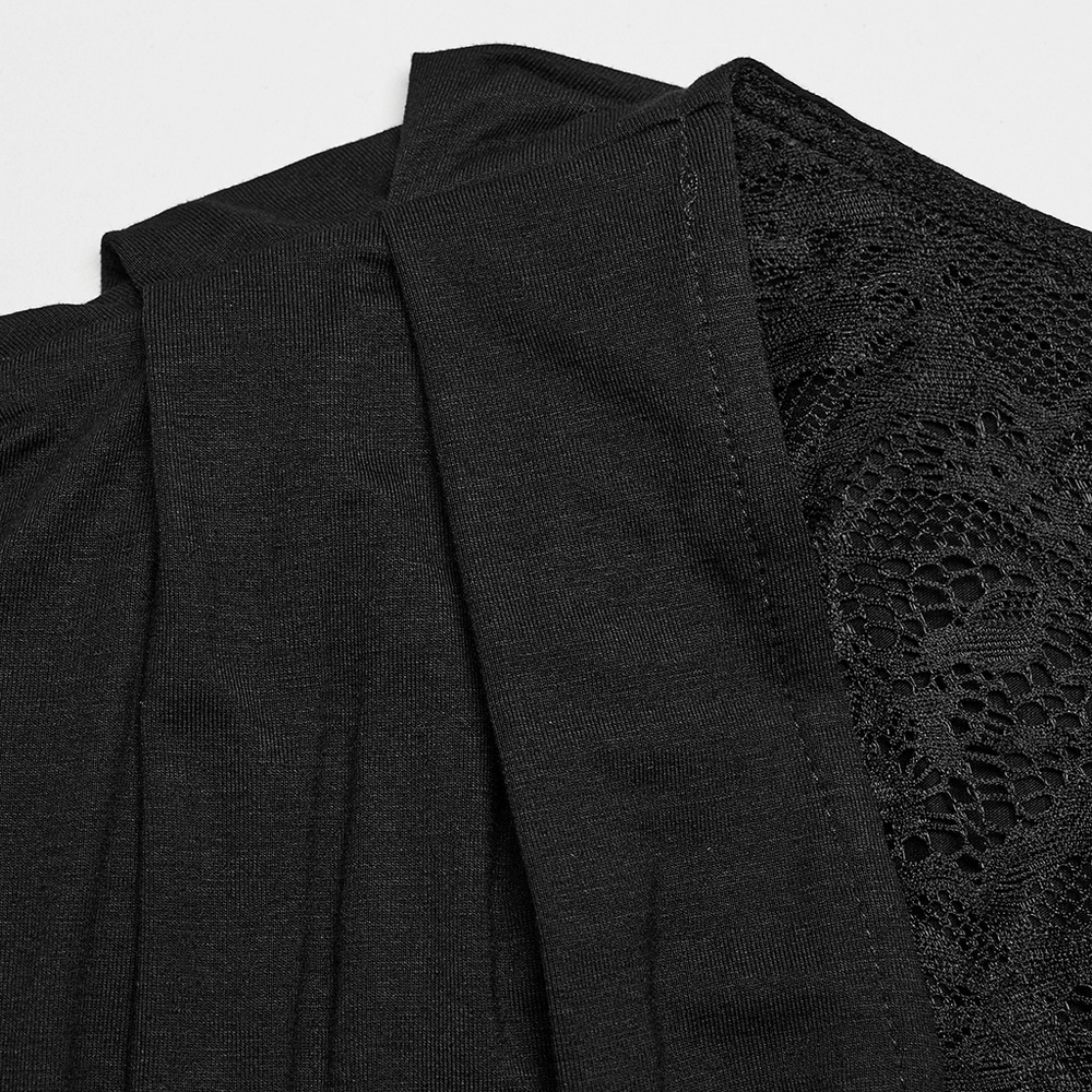 Close-up of elegant black fabric and lace, showcasing the details of a gothic lace sleeved maxi dress.