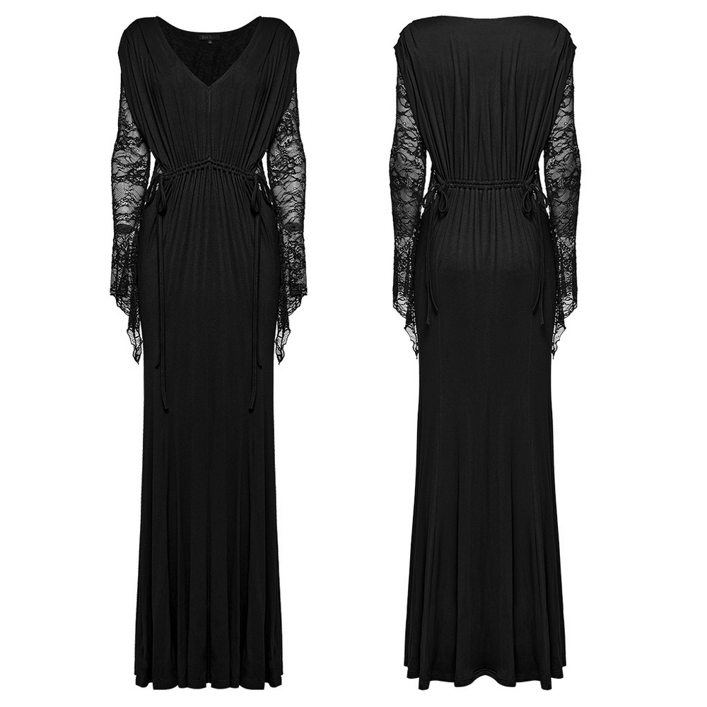 Elegant black Gothic lace sleeved maxi dress featuring a deep V-neck and waist pleats for a chic, formal look.