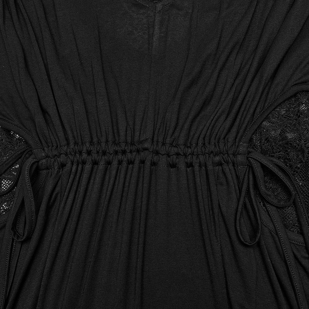 Close-up of the waist detailing on an Elegant Gothic Lace Sleeved Maxi Dress for women, showcasing lace and adjustable ties.