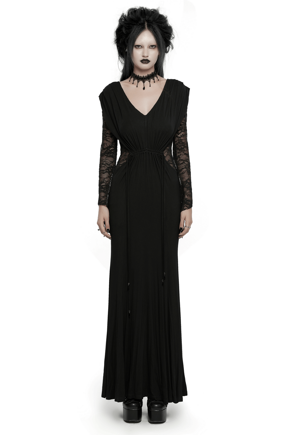 Elegant Gothic lace sleeved maxi dress with deep V-neck and waist pleats, perfect for formal occasions.